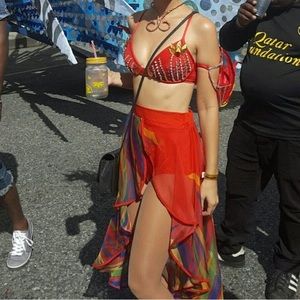 Dolls Kill Red Beaded Bikini Top with Rainbow Sheer Sarong